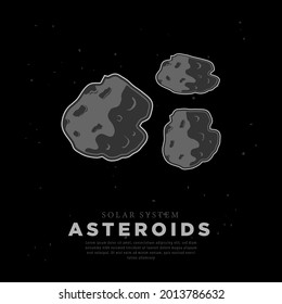 Space rock vector image template, three spherical asteroids in outer space on dark sky background, outer space, with stars