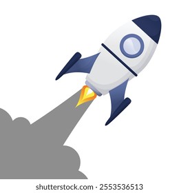Space rocket aircraft vector art flat design with simple style flying to the sky with boost smoke