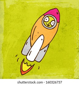 Space Rocket with Alien. Cute Hand Drawn Vector illustration, Vintage Paper Texture Background