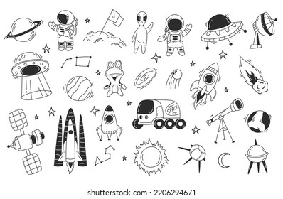 Space rocket alien spacecraft line sketch design element abstract set