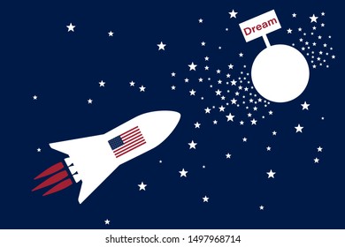 Space rocket with american flag as american dream symbol fly to the dream planet. American dream concept