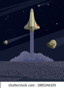 Space rocket and asteroids of universe cosmos and futuristic theme Vector illustration