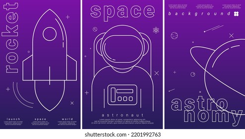 Fondo astronauta de cohetes espaciales. Conjunto de 3 modernas ilustraciones vectoriales simples de estilo plano. Adecuado para afiches, portadas, anuncios, banner social o volante.