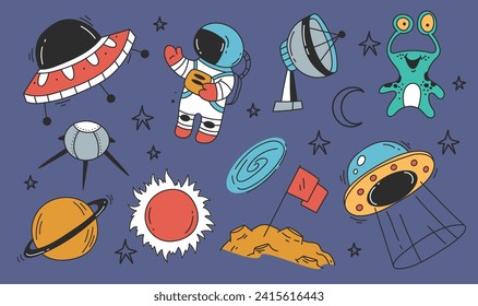 El astronauta de los cohetes espaciales planeta lindo estilo línea de doodle alienígena conjunto. Ilustración del diseño gráfico del vector