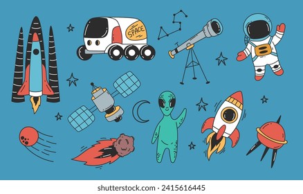 Space rocket astronaut planet cute alien doodle line style concept set. Vector graphic design illustration