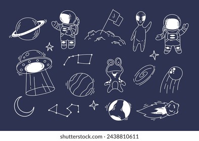 Space rocket astronaut planet cute alien doodle line style concept set. Vector graphic design illustration