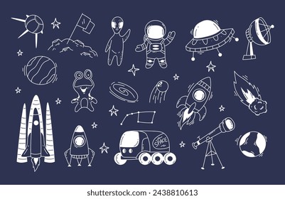 Space rocket astronaut planet cute alien doodle line style concept set. Vector graphic design illustration