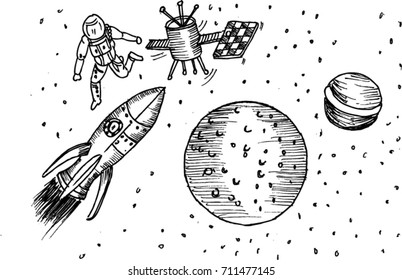 space, rocket, astronaut, satellite earth, sketch