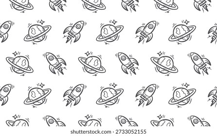 Fondo de cohete espacial. Fondo de patrón de nave espacial Doodle. Planeta sin patrón de fondo. Espacio exterior dibujado a mano sin patrón de Fondo de pantalla.