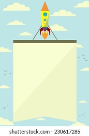 Space rocket with a banner flying in the sky with clouds, vector illustration