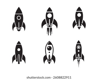 Space rocket black silhouette logo icon isolated on white background, clip art bundle set