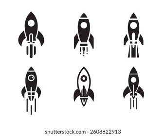 Space rocket black silhouette logo icon isolated on white background, clip art bundle set