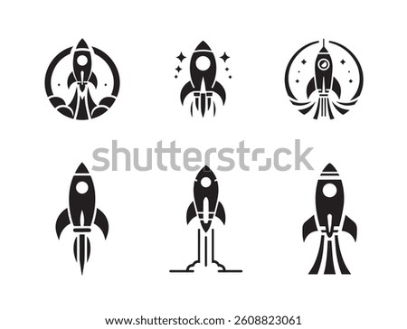 Space rocket black silhouette logo icon isolated on white background, clip art bundle set