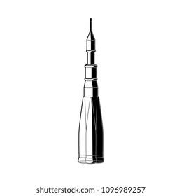 Space rocket in black and white colors - isolated illustration of spaceship for cosmos exploration. Modern technology object for traveling and research of cosmos in vector image.