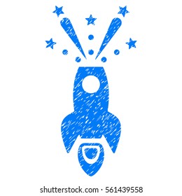 Space Rocket Boom grainy textured icon for overlay watermark stamps. Flat symbol with unclean texture. Dotted vector blue ink rubber seal stamp with grunge design on a white background.