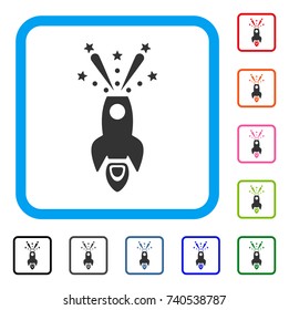 Space Rocket Boom icon. Flat gray iconic symbol inside a light blue rounded rectangle. Black, gray, green, blue, red, orange color additional versions of Space Rocket Boom vector.