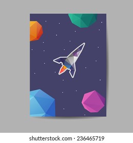 Space rocket brochure design templates. Geometric triangular abstract modern backgrounds, vector illustration