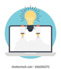 
Space rocket and bulb on laptop screen icon. Business and startup concept 
