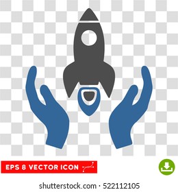 Space Rocket Care Hands EPS vector pictograph. Illustration style is flat iconic bicolor cobalt and gray symbol on white background.