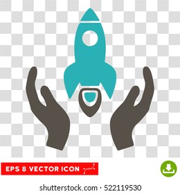 Space Rocket Care Hands EPS vector pictogram. Illustration style is flat iconic bicolor grey and cyan symbol on white background.