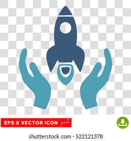 Space Rocket Care Hands EPS vector icon. Illustration style is flat iconic bicolor cyan and blue symbol on white background.