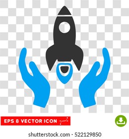 Space Rocket Care Hands EPS vector pictogram. Illustration style is flat iconic bicolor blue and gray symbol on white background.