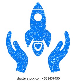 Space Rocket Care Hands grainy textured icon for overlay watermark stamps. Flat symbol with scratched texture. Dotted vector blue ink rubber seal stamp with grunge design on a white background.