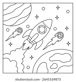 space rocket cartoon coloring pages looking at stars and planets.space theme coloring book illustration