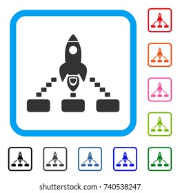 Space Rocket Collaboration icon. Flat grey pictogram symbol in a light blue rounded frame. Black, gray, green, blue, red, orange color versions of Space Rocket Collaboration vector.