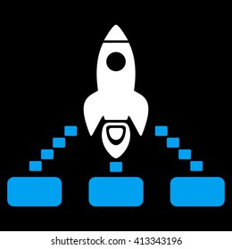 Space Rocket Collaboration vector icon. Style is bicolor flat icon symbol, blue and white colors, black background.