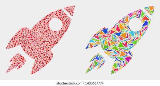 Space rocket collage icon of triangle elements which have various sizes and shapes and colors. Geometric abstract vector illustration of space rocket.