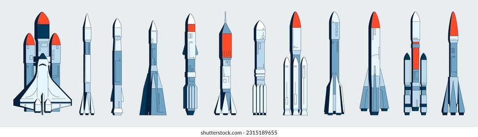 Recogida de cohetes espaciales. Nave espacial de vuelo con módulo espacial, cohete para vuelo suborbital, misión espacial y concepto astronómico. Conjunto de vectores. Tecnología futurista, naves espaciales para la exploración