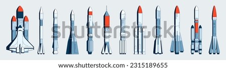 Space rocket collection. Flight spaceship with space module, rocket for suborbital flight, space mission and astronomy concept. Vector set. Futuristic technology, spacecrafts for exploration