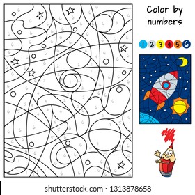 Space rocket. Color by numbers. Coloring book. Educational puzzle game for children. Cartoon vector illustration