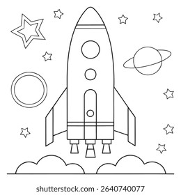 Space rocket coloring book page showing launch with stars and planets in an educational illustration
