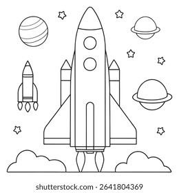 Space rocket coloring design for children with planetary background in an artistic illustration
