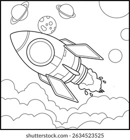 Space rocket coloring page launching into space with planets and clouds, perfect for kids' printables, science themes, and galaxy illustrations