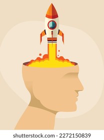 space rocket coming out of the silhouette of a human head, brilliant idea concept, business idea, mind-blowing, innovation concept