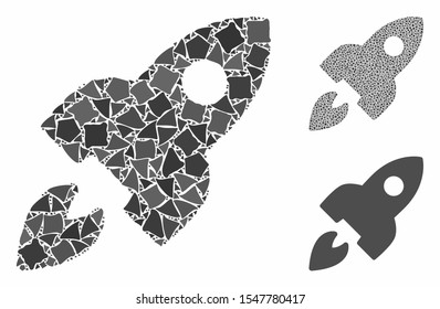 Space rocket composition of bumpy elements in various sizes and color tones, based on space rocket icon. Vector unequal pieces are grouped into composition.