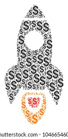 Space Rocket composition of dollar symbols. Vector dollar currency pictograms are united into space rocket mosaic.