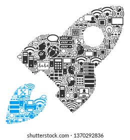 Space Rocket composition icon combined for bigdata and computing purposes. Vector space rocket mosaics are combined from computer, calculator, connections, wi-fi, network,