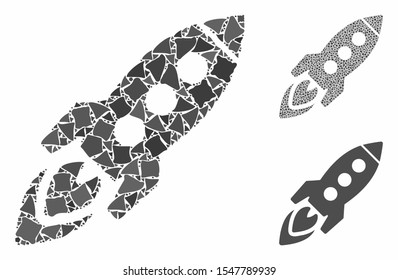 Space rocket composition of unequal pieces in variable sizes and color tints, based on space rocket icon. Vector rugged pieces are grouped into collage. Space rocket icons collage with dotted pattern.