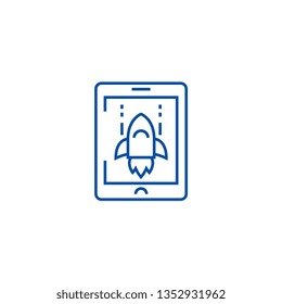 Space rocket computer game line icon concept. Space rocket computer game flat  vector symbol, sign, outline illustration.