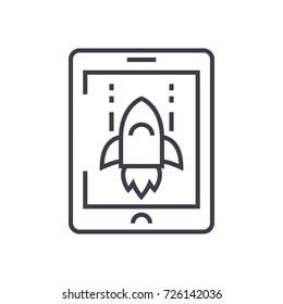 space rocket computer game vector line icon, sign, illustration on background, editable strokes
