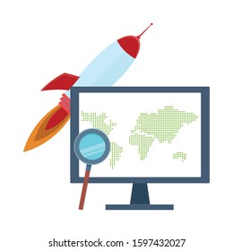 space rocket and computer with magnifying glass over white background, colorful design, vector illustration
