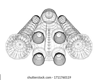 Space rocket concept outline. Vector rendering of 3d. Wire-frame style. The layers of visible and invisible lines are separated
