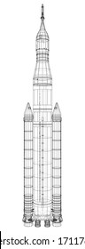 Space rocket concept outline. Vector rendering of 3d. Wire-frame style. The layers of visible and invisible lines are separated