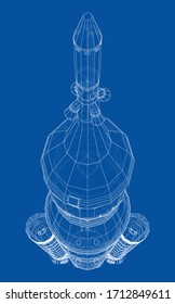 Space rocket concept outline. Vector rendering of 3d. Wire-frame style. The layers of visible and invisible lines are separated