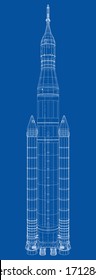 Space rocket concept outline. Vector rendering of 3d. Wire-frame style. The layers of visible and invisible lines are separated