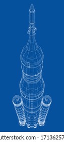 Esquema del concepto de cohete espacial. Representación vectorial de 3d. Estilo de marco de cables. Las capas de líneas visibles e invisibles están separadas